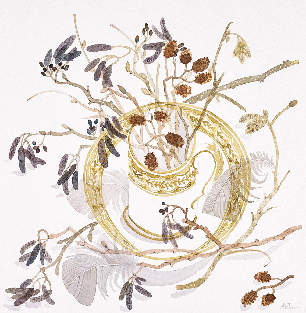 Cup with Catkins and Feathers - Angie Lewin - printmaker and painter