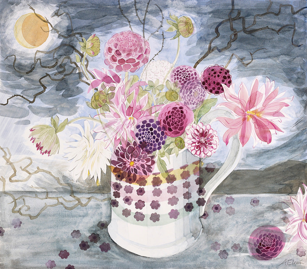 Dahlias, Dark Sky - Angie Lewin - printmaker and painter