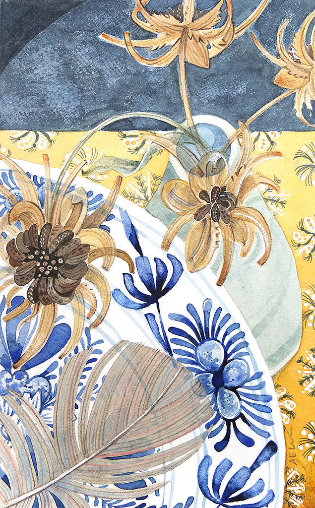 Delft, Calendula and Feather - Angie Lewin - printmaker and painter