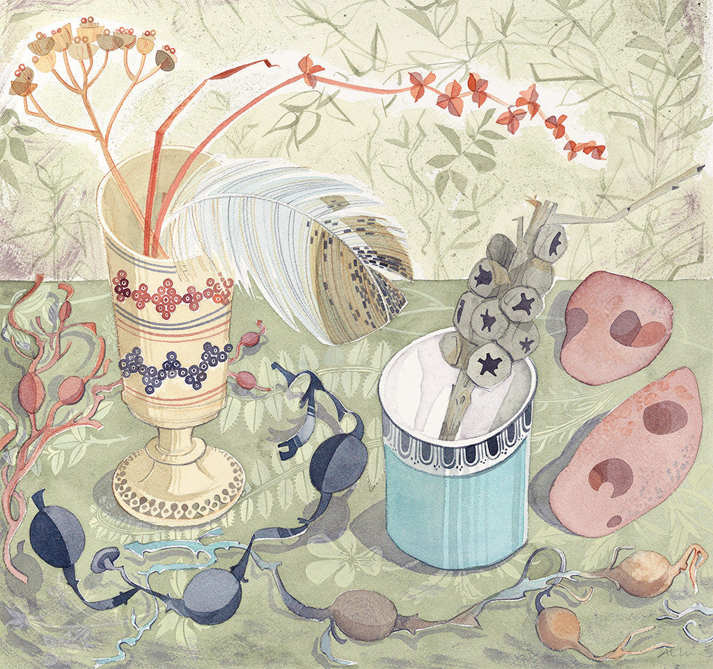 Dice Cup and Feather - Angie Lewin - printmaker and painter