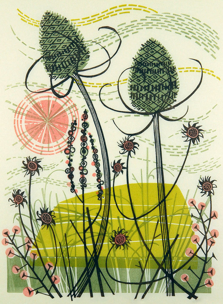 Island with Teasels, linocut by Angie Lewin