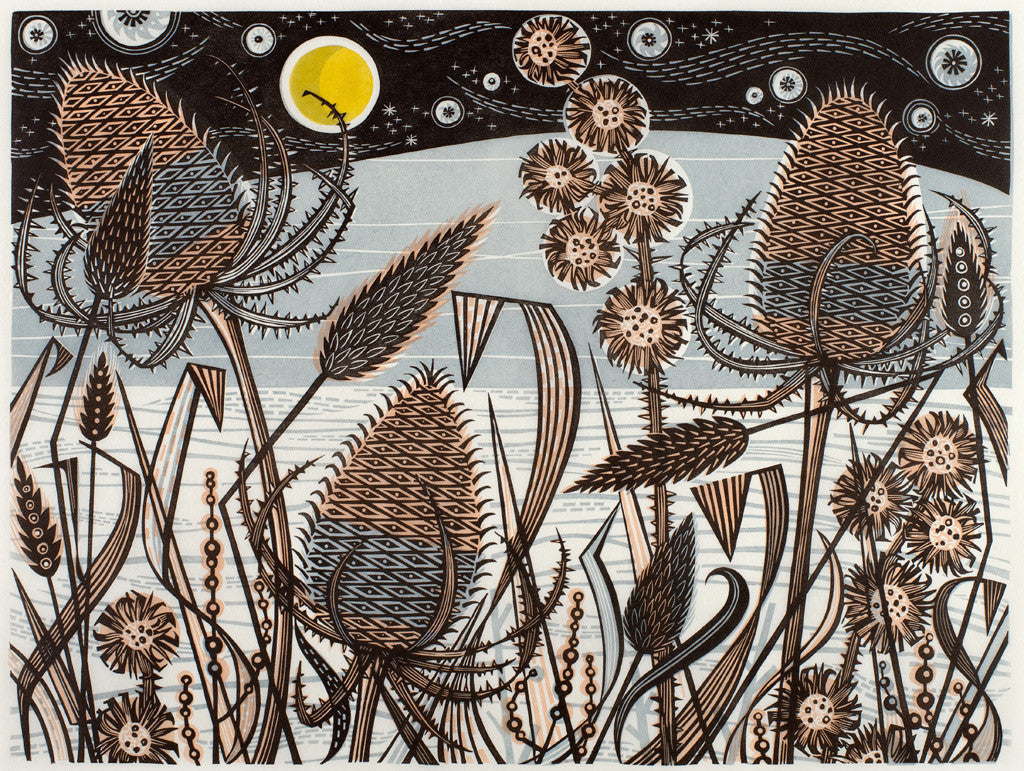 Lakeside Teasels, linocut by Angie Lewin