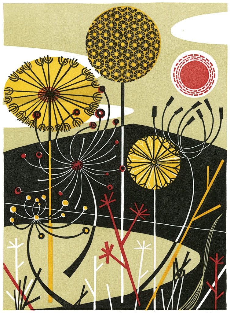 Loch with Dandelions, linocut by Angie Lewin