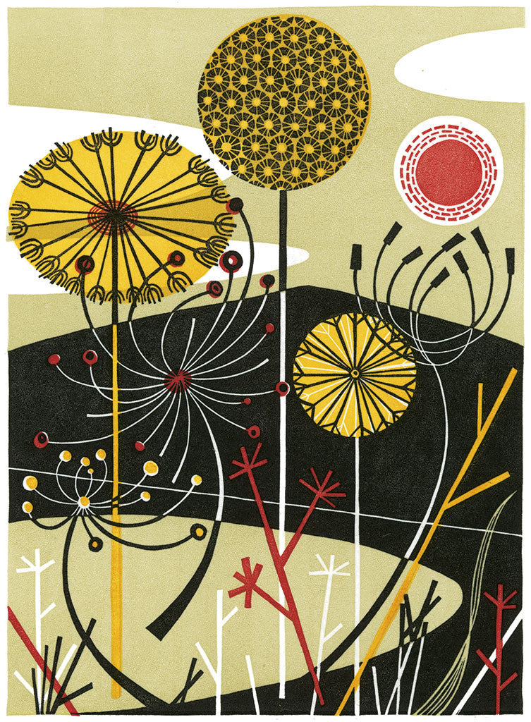 Loch with Dandelions - Angie Lewin - printmaker and painter