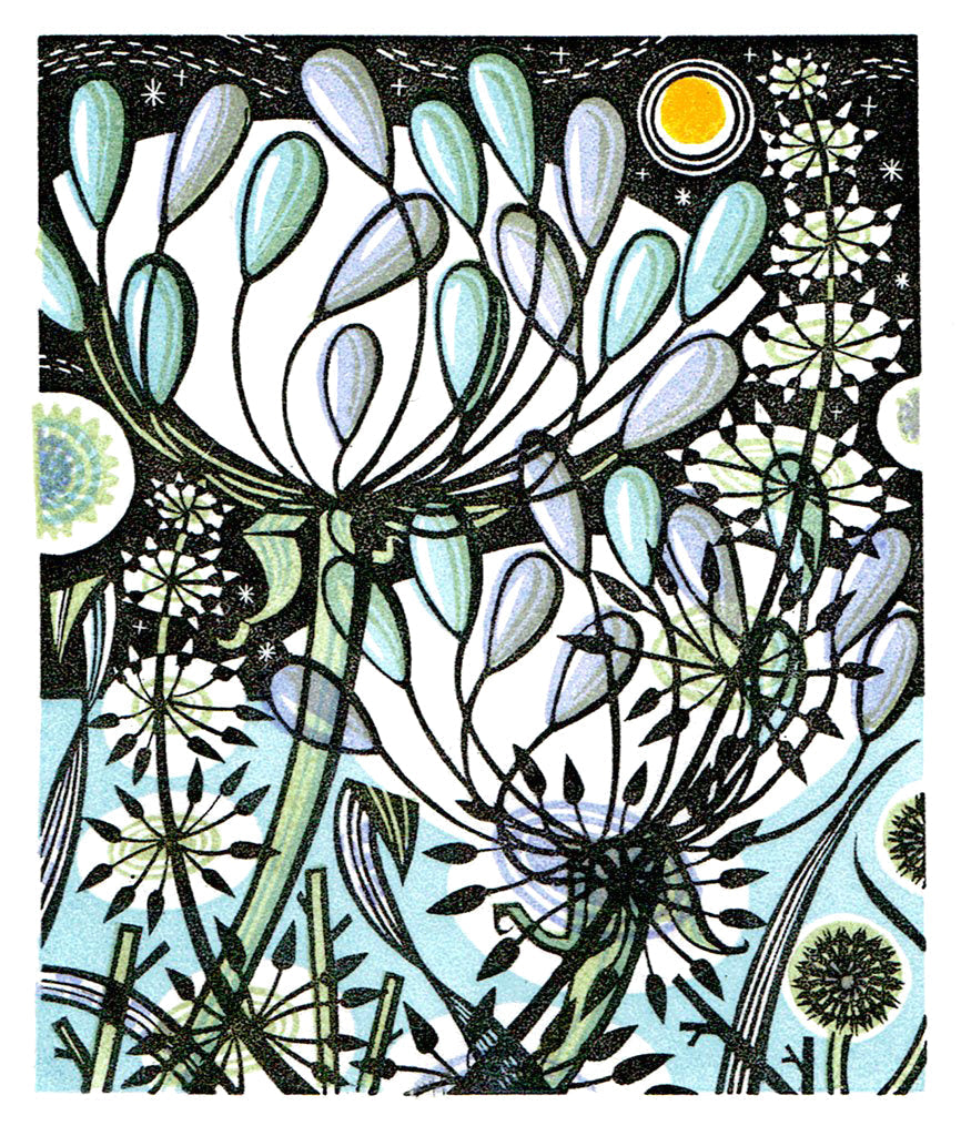Moonlit Garden, wood engraving by Angie Lewin