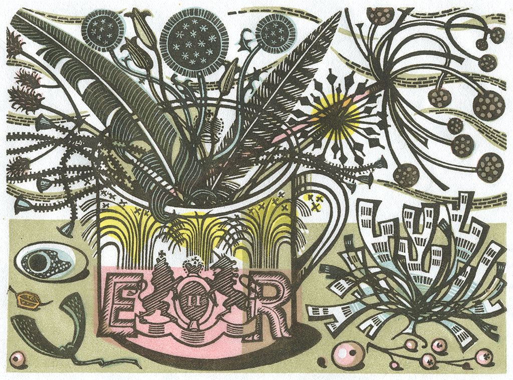 Mug with Feathers, wood engraving by Angie Lewin