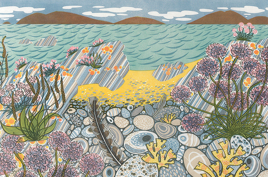Pebble Shore, linocut by Angie Lewin