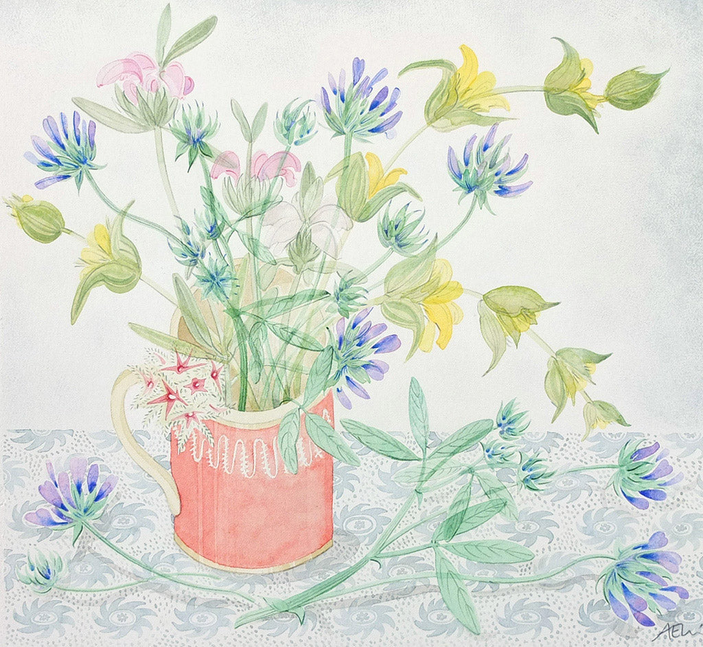 Pink Cup with Pitch Trefoil and Phlomis - Angie Lewin - printmaker and painter