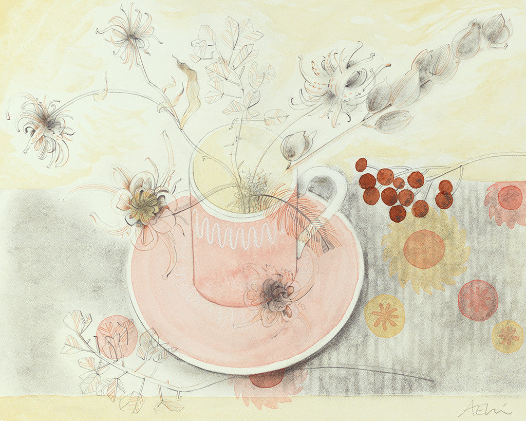 Pink Cup with Seedheads - Angie Lewin - printmaker and painter
