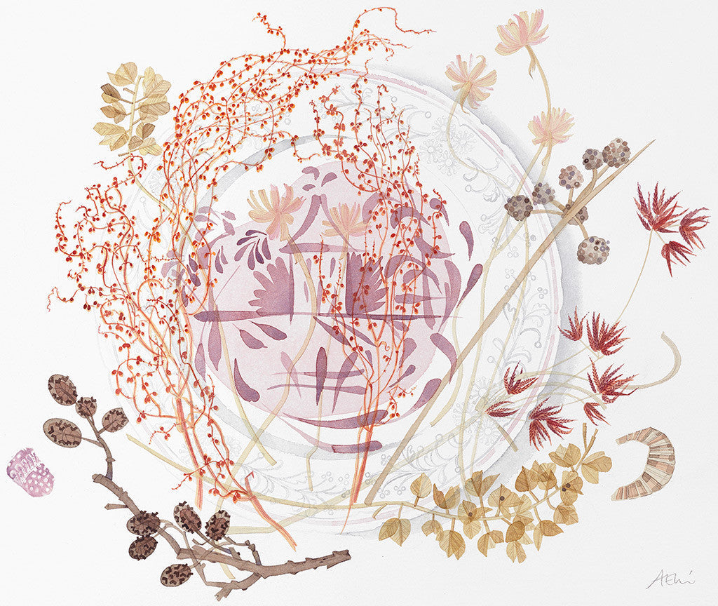 Pink Lustre Plate with Sheep's Sorrel - Angie Lewin - printmaker and painter