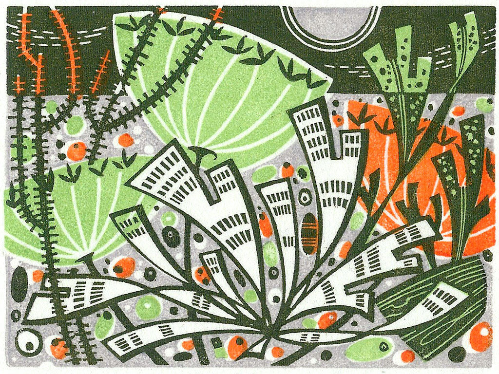 Seaweed & Seedheads, wood engraving by Angie Lewin