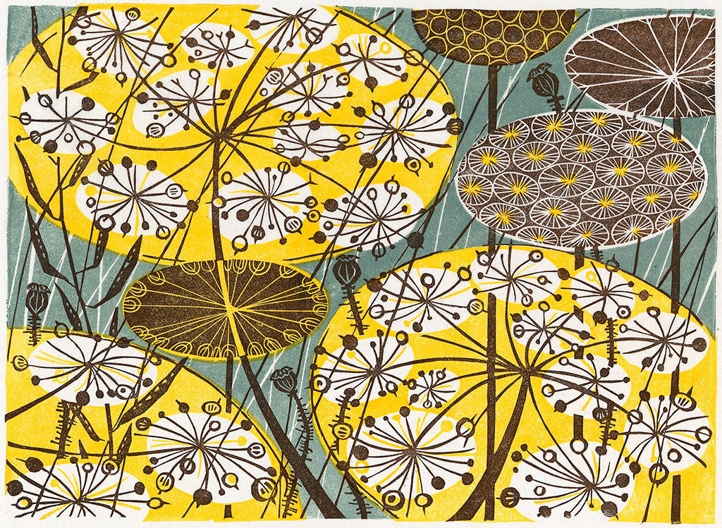 Seedheads, linocut by Angie Lewin