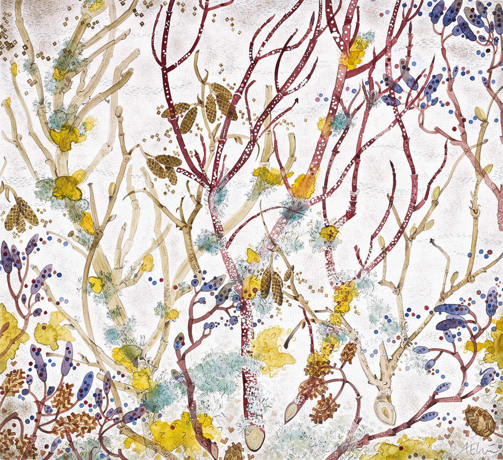 Spey Lichen with Catkins - Angie Lewin - printmaker and painter