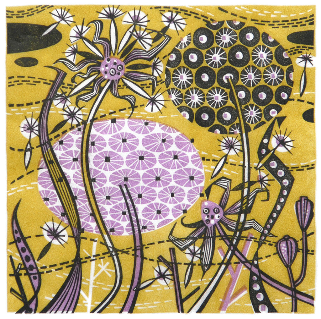 Spey Seedheads, linocut by Angie Lewin