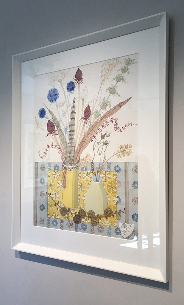 Spey Still Life with Yellow Book - Angie Lewin - printmaker and painter