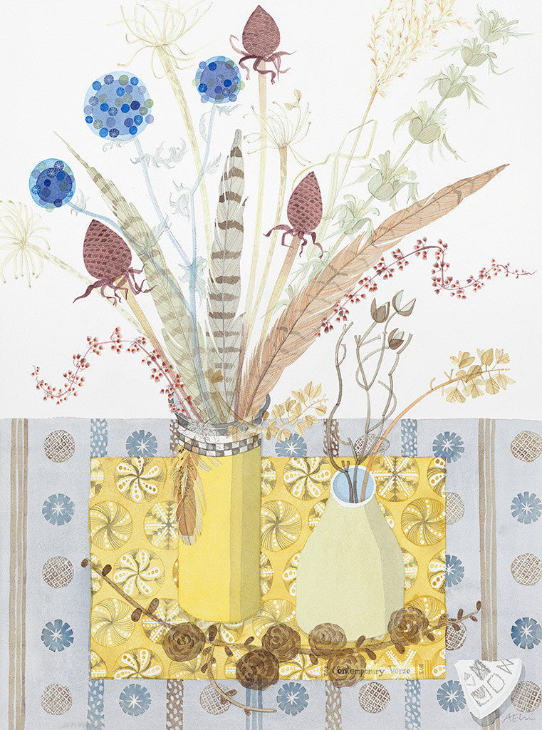 Spey Still Life with Yellow Book - Angie Lewin - printmaker and painter