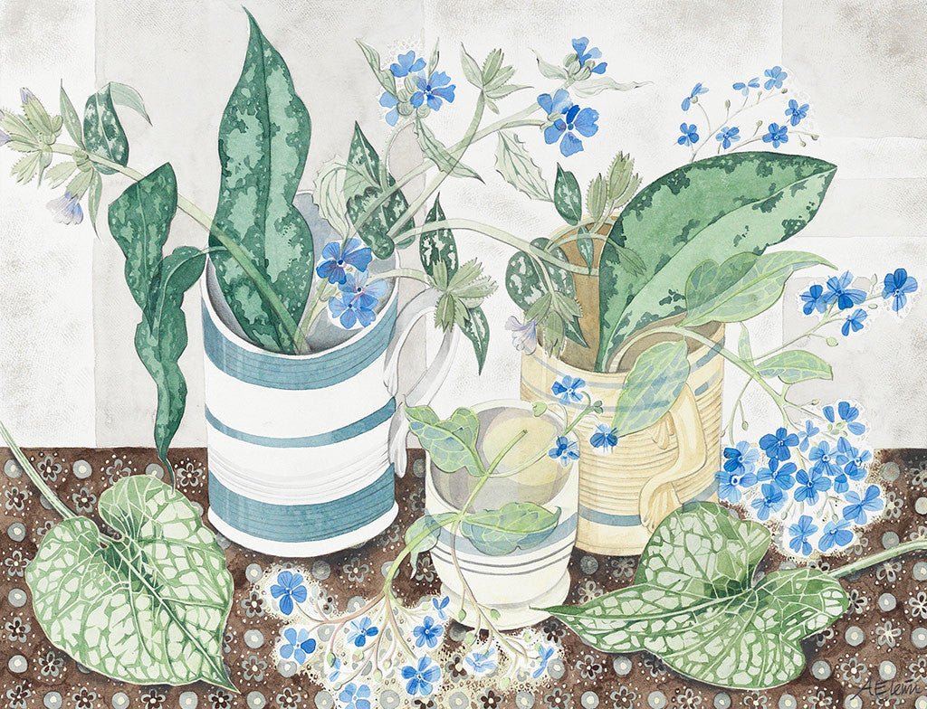 Striped Cups with Spring Flowers - Angie Lewin - printmaker and painter