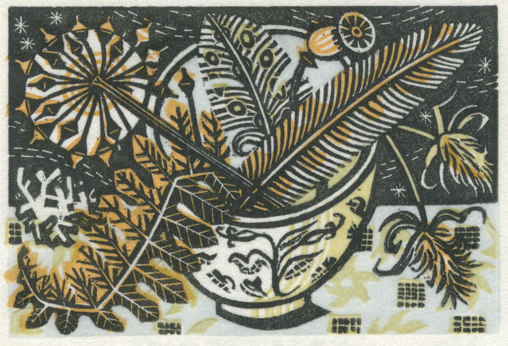Teabowl & Bracken, wood engraving by Angie Lewin
