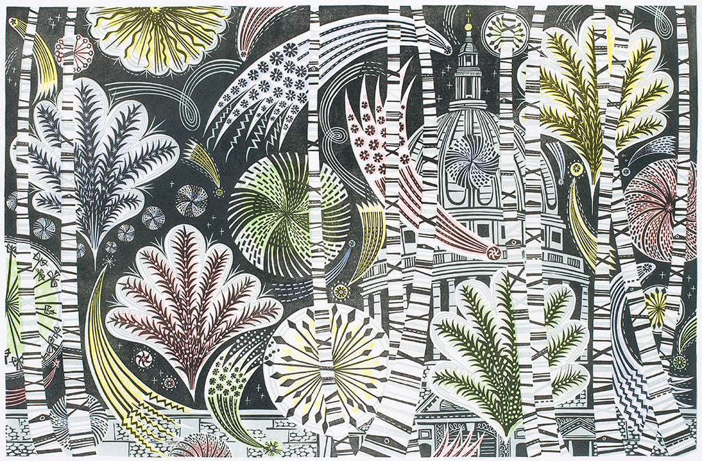 Thames Fireworks, linocut by Angie Lewin