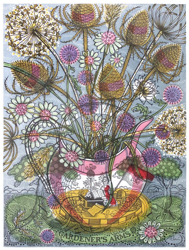 The Gardener's Arms, linocut by Angie Lewin