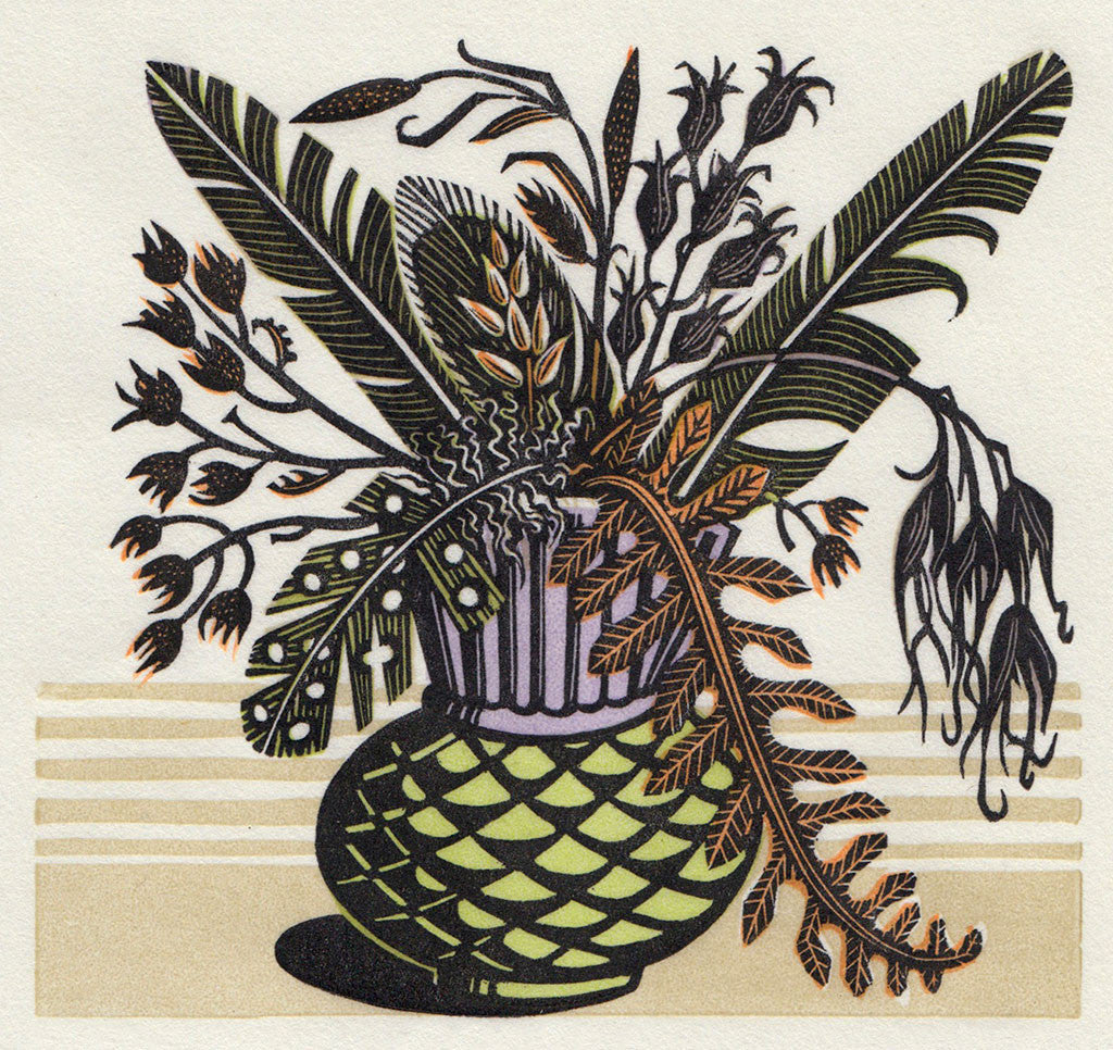 Thistle Pot, wood engraving by Angie Lewin