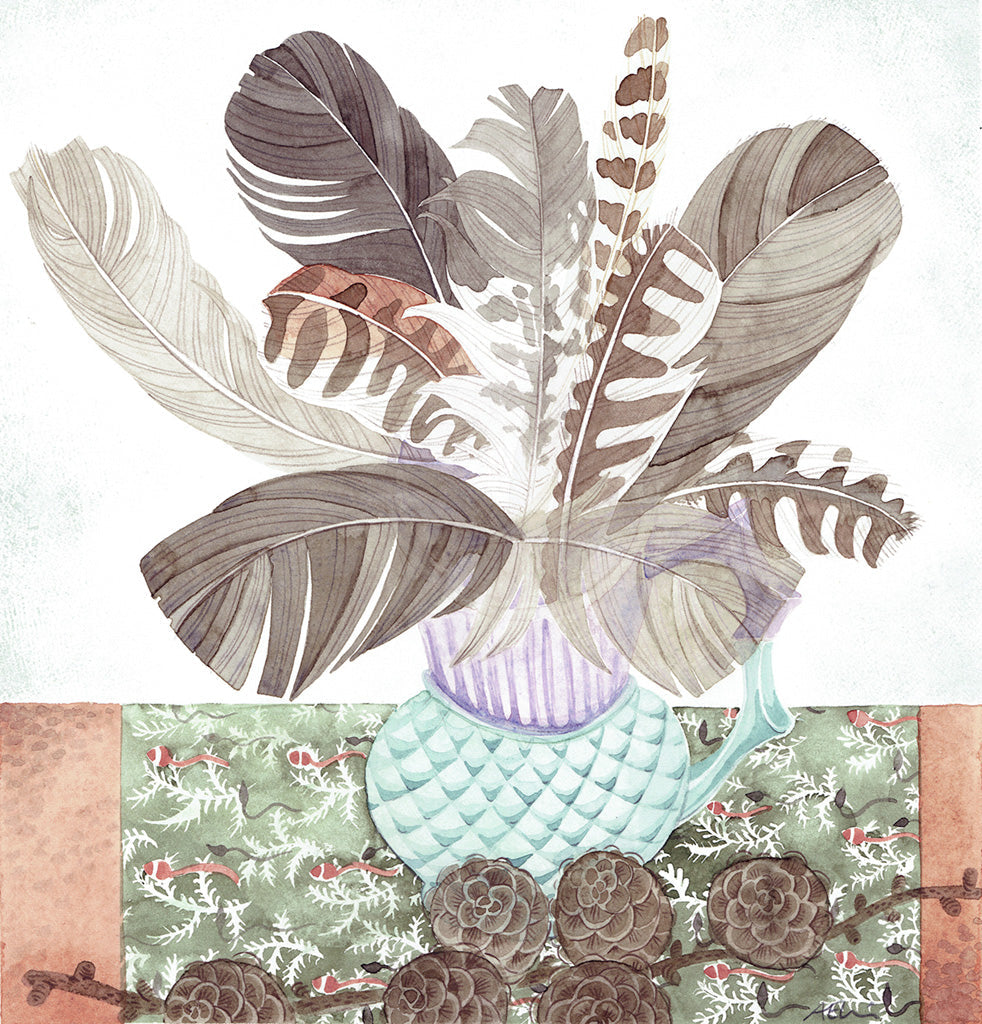 Thistle Pot with Larch and Feathers - Angie Lewin - printmaker and painter