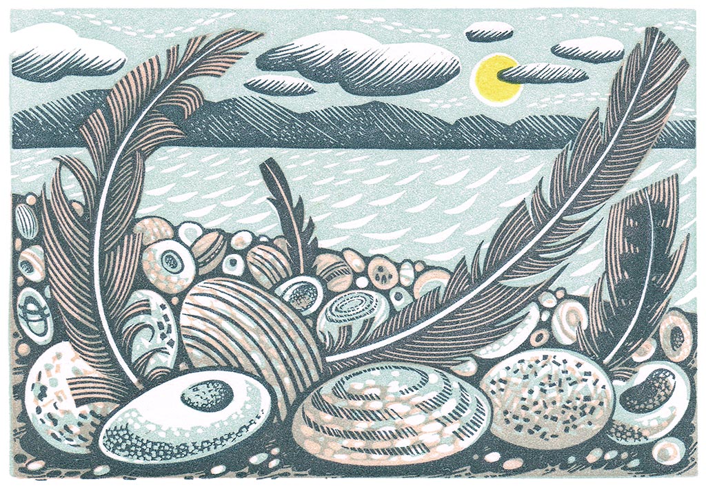 Tideline Feathers, wood engraving by Angie Lewin