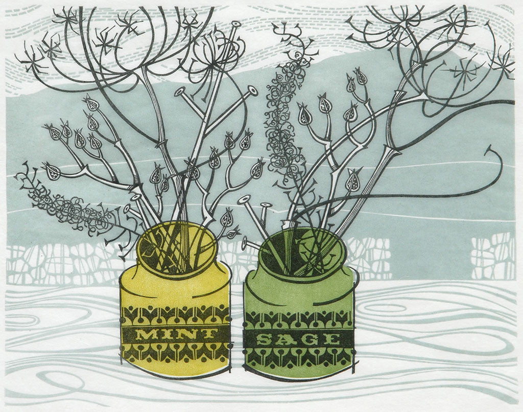 Two Green Jars, linocut by Angie Lewin