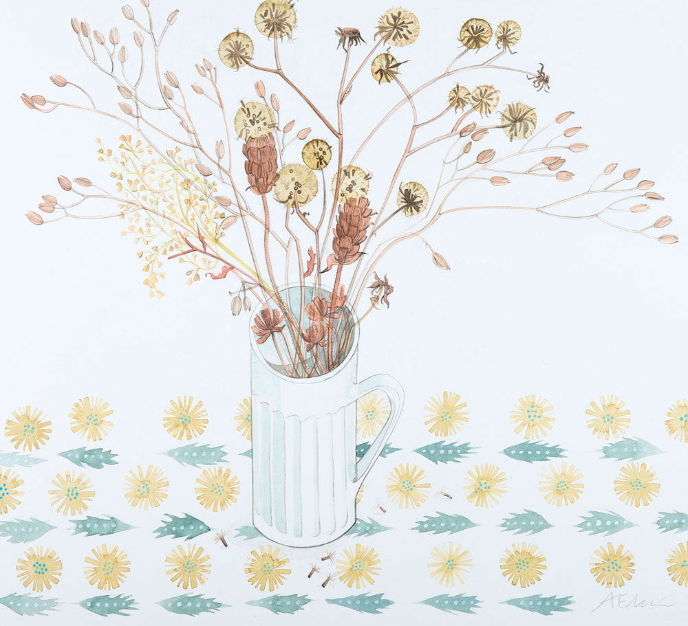 White Cup with Spey Seedheads - Angie Lewin - printmaker and painter