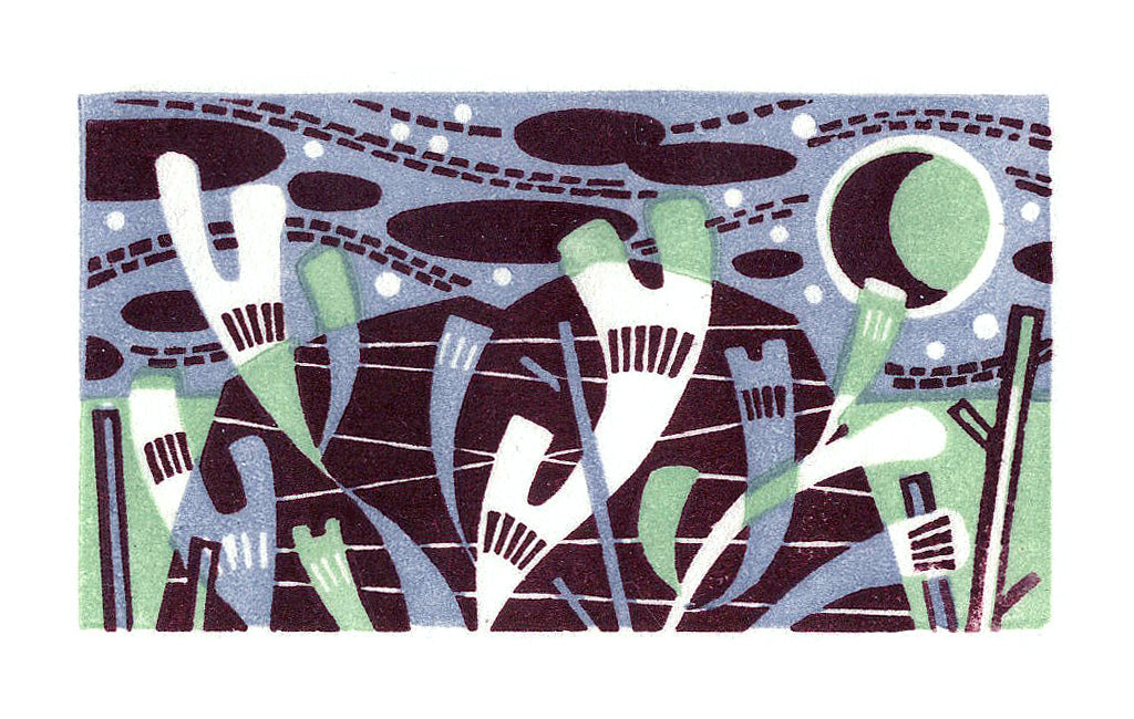 Winter Island, wood engraving by Angie Lewin