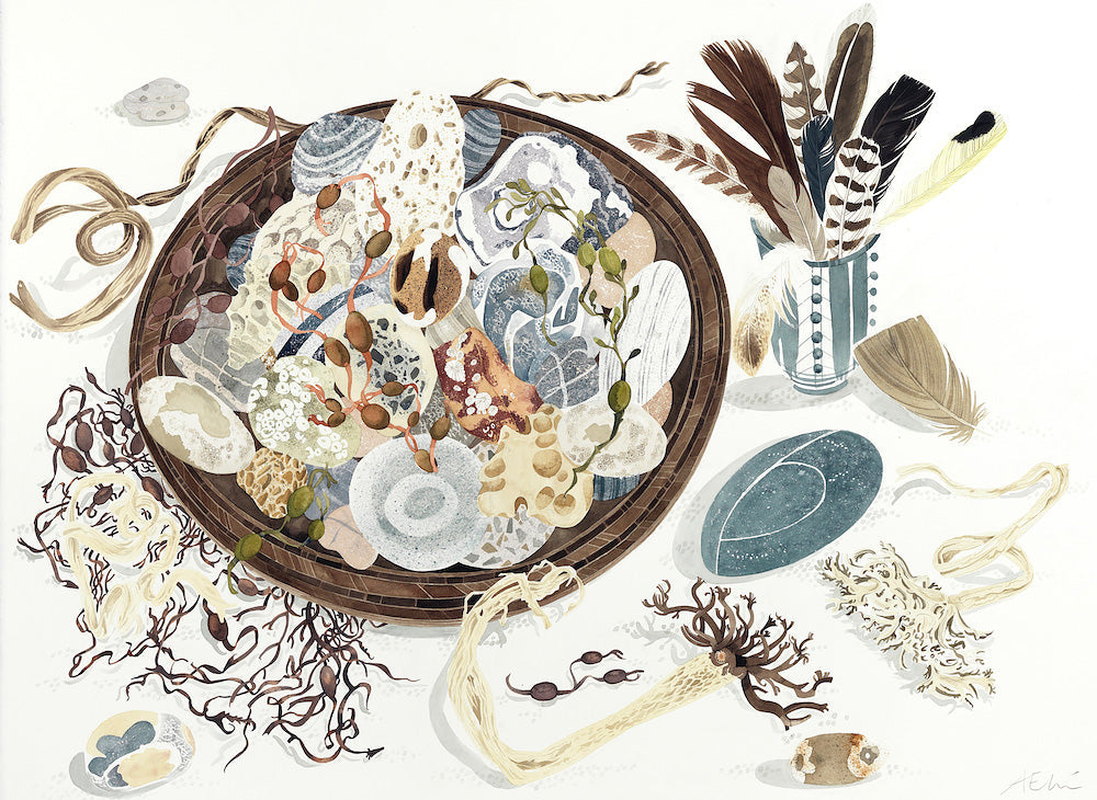 Wooden Dish with Shoreline Finds - Angie Lewin - printmaker and painter