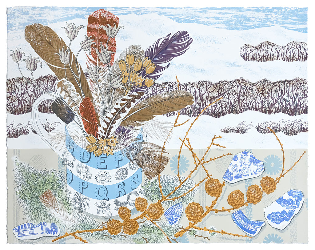 Spey Larch and Feathers - Angie Lewin - printmaker and painter