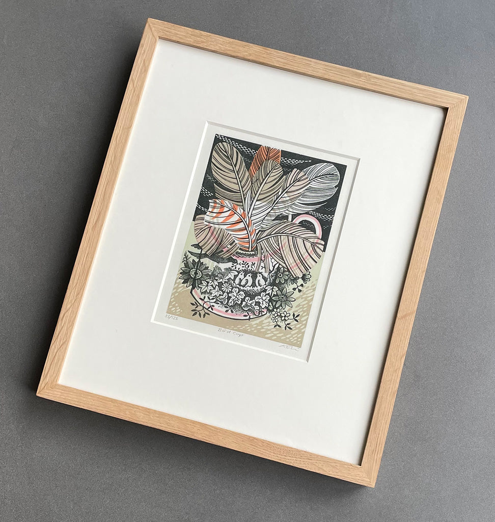 Bird Cup - framed - Angie Lewin - printmaker and painter